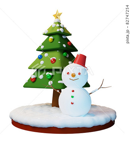 3D素材_クリスマスツリーと雪だるま_透過verのイラスト素材 [82747254