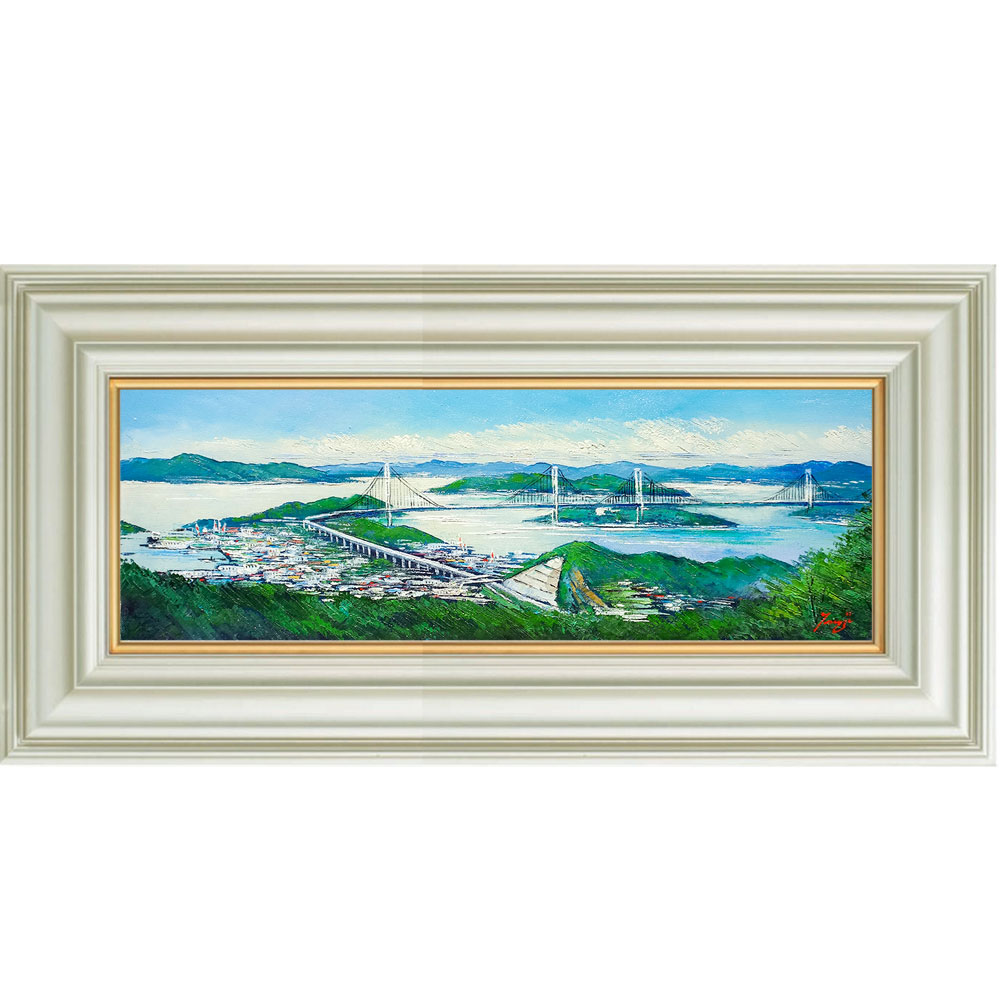 夜景 油彩画 小型 サインあり 海岸通り 著者サイン入り】「夜光水景