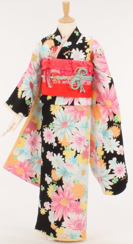 七五三/7才着物レンタル/髪飾り付19点セット/黒/〔デイジーラバーズ