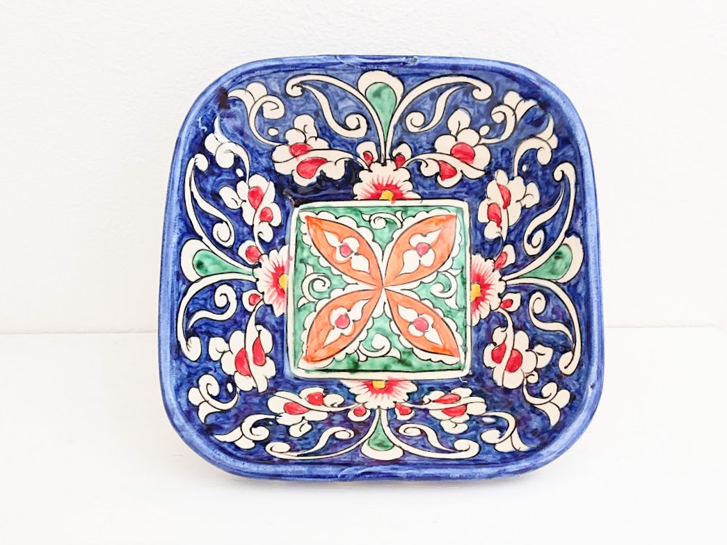 ウズベキスタンの工芸・リシタン陶器 四角深皿 / 14×14cm