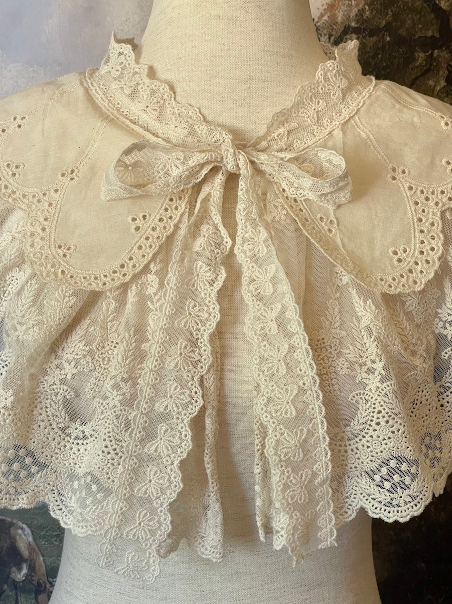 Historically Inspired Floral Embroidered Lace Bow Capelet in Ivory