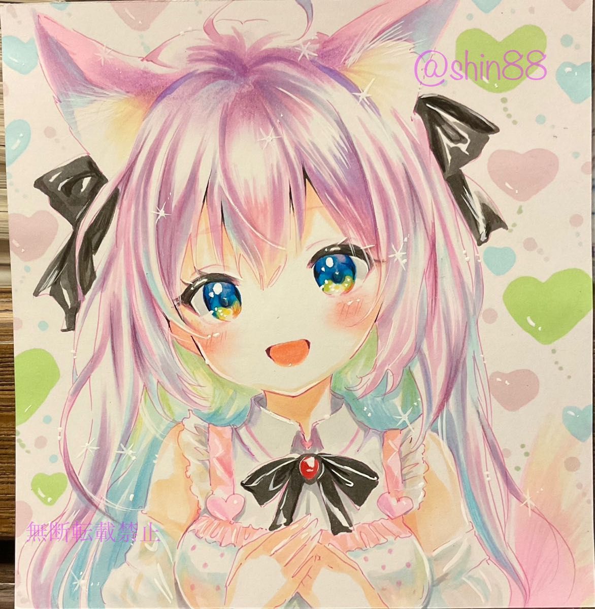 手描きオリジナルイラスト 猫耳かわいい女の子 アナログイラスト
