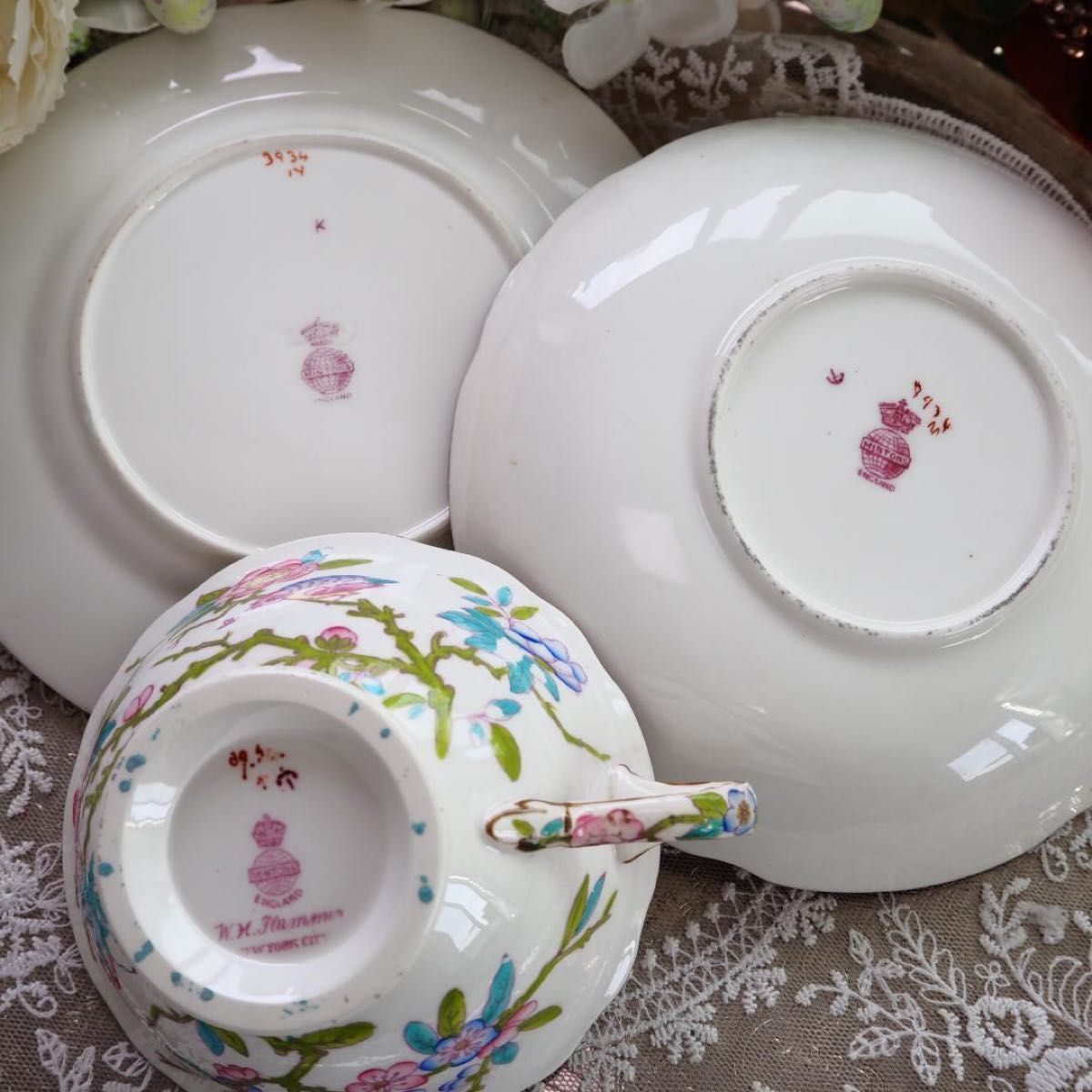希少 英国アンティーク オールドミントン 花鳥柄 トリオE カップ