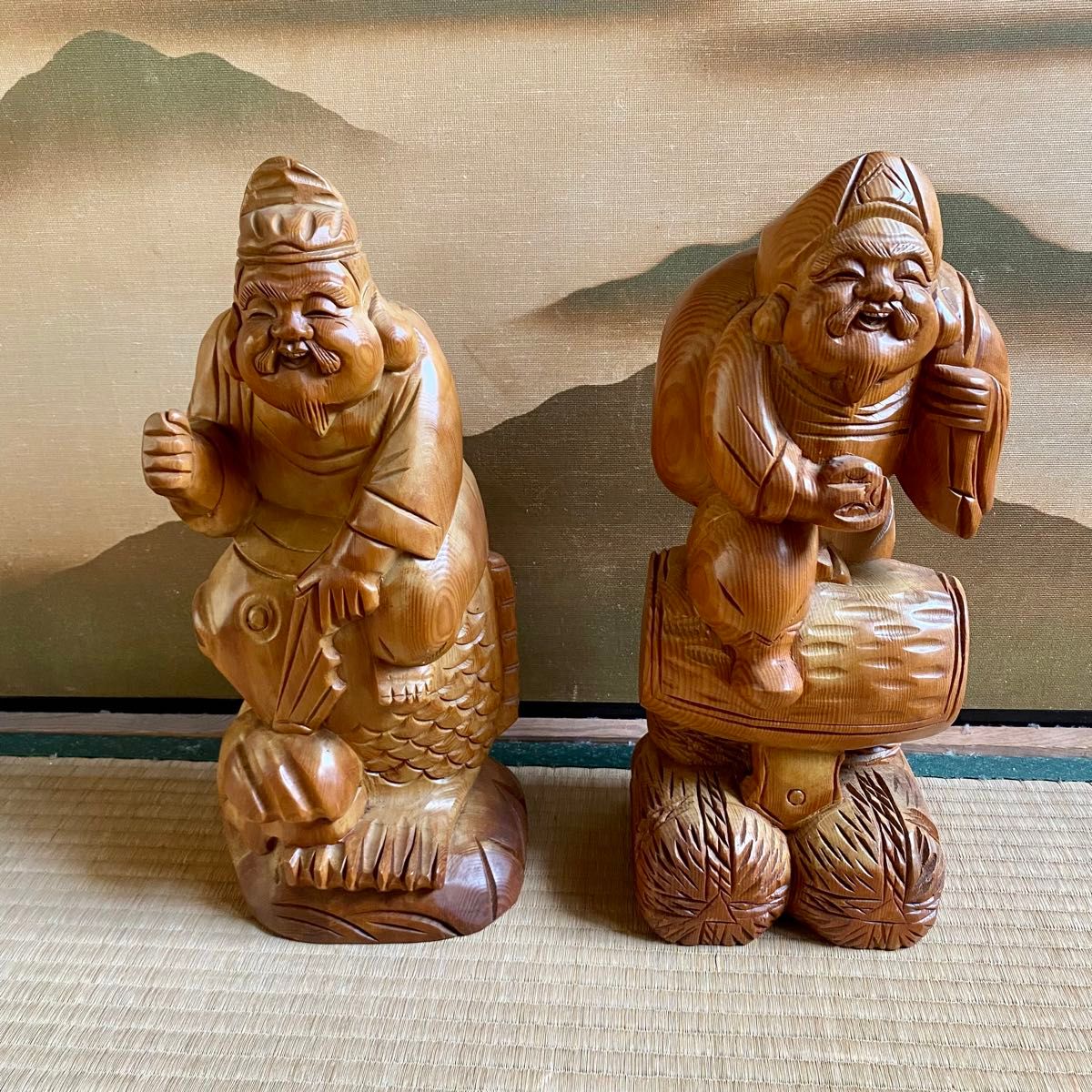 木彫り七福神 開運 商売繁盛 縁起物 大黒天様 恵比寿様 一刀彫 木彫り