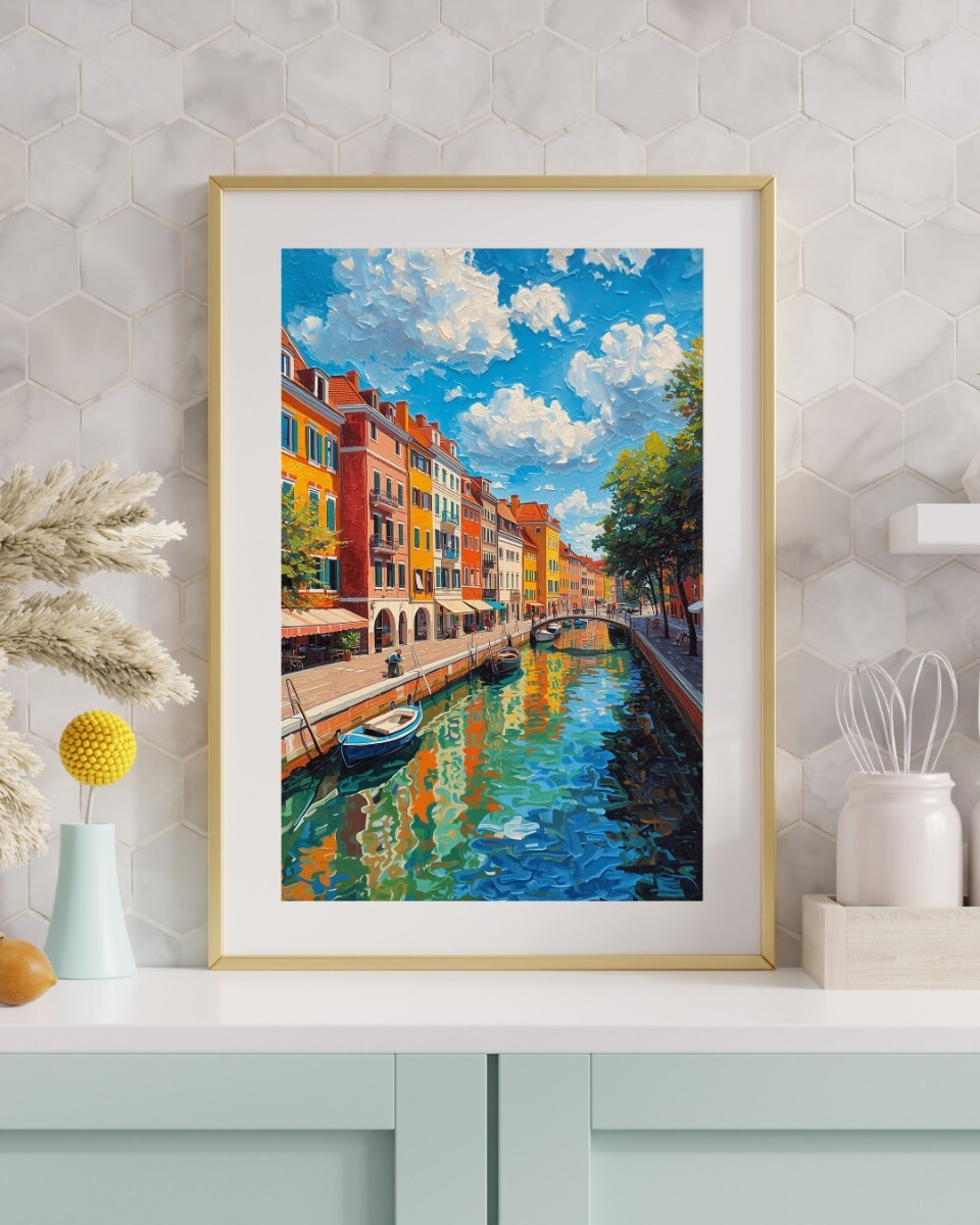 288 北欧 デンマーク 運河 街並み 油彩画風 印象派 カラフル 風景画