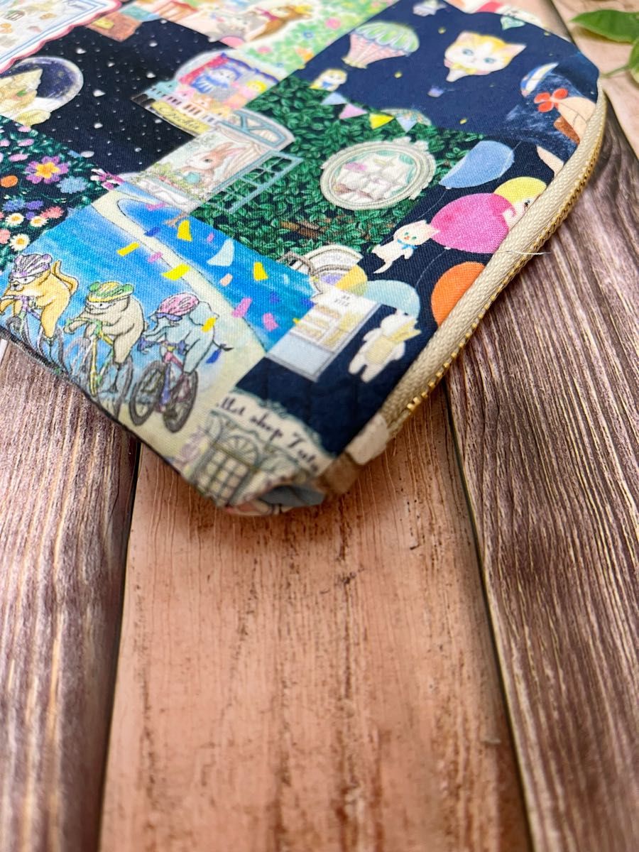 L字ファスナーポーチ ユキエモン パッチワーク ハンドメイド 通帳入れ