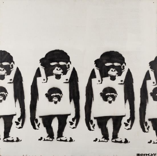 Laugh Now Monkeys with Monkey Placards, 2000 - Banksy Explained