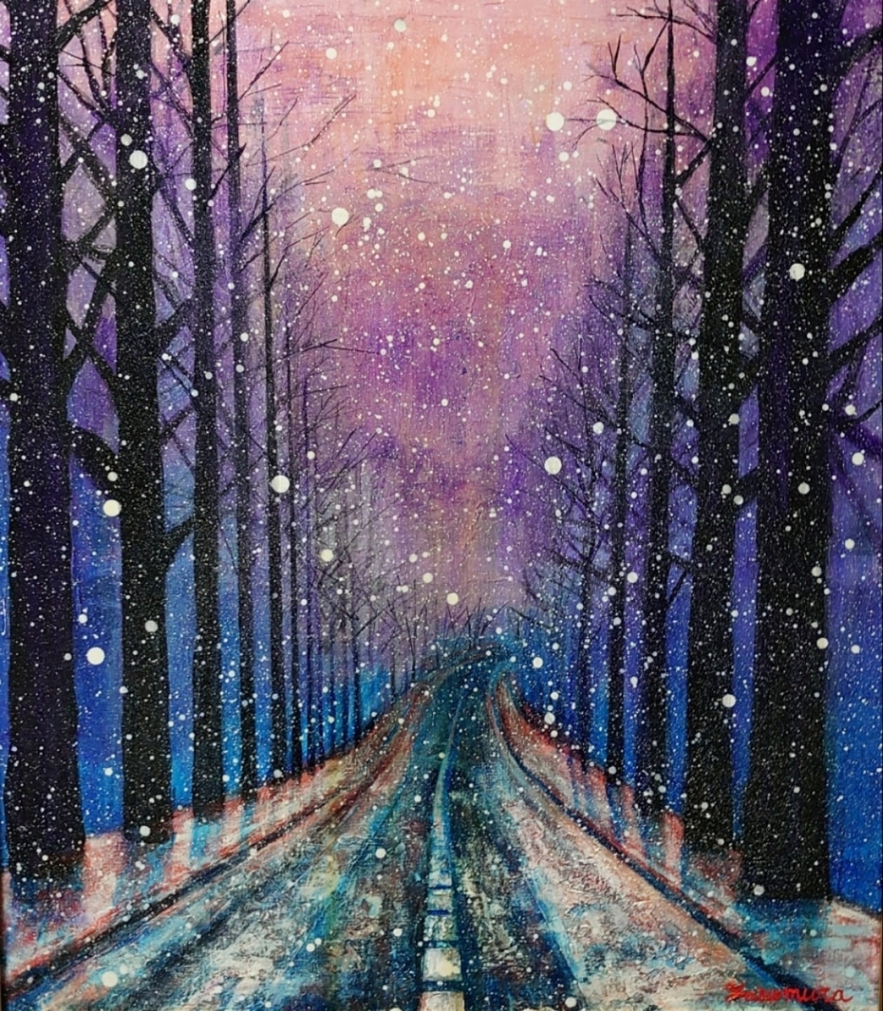 油絵 油彩 油彩画 絵 絵画【雪の朝日小さいウサギ達】 | HIROSHI1990