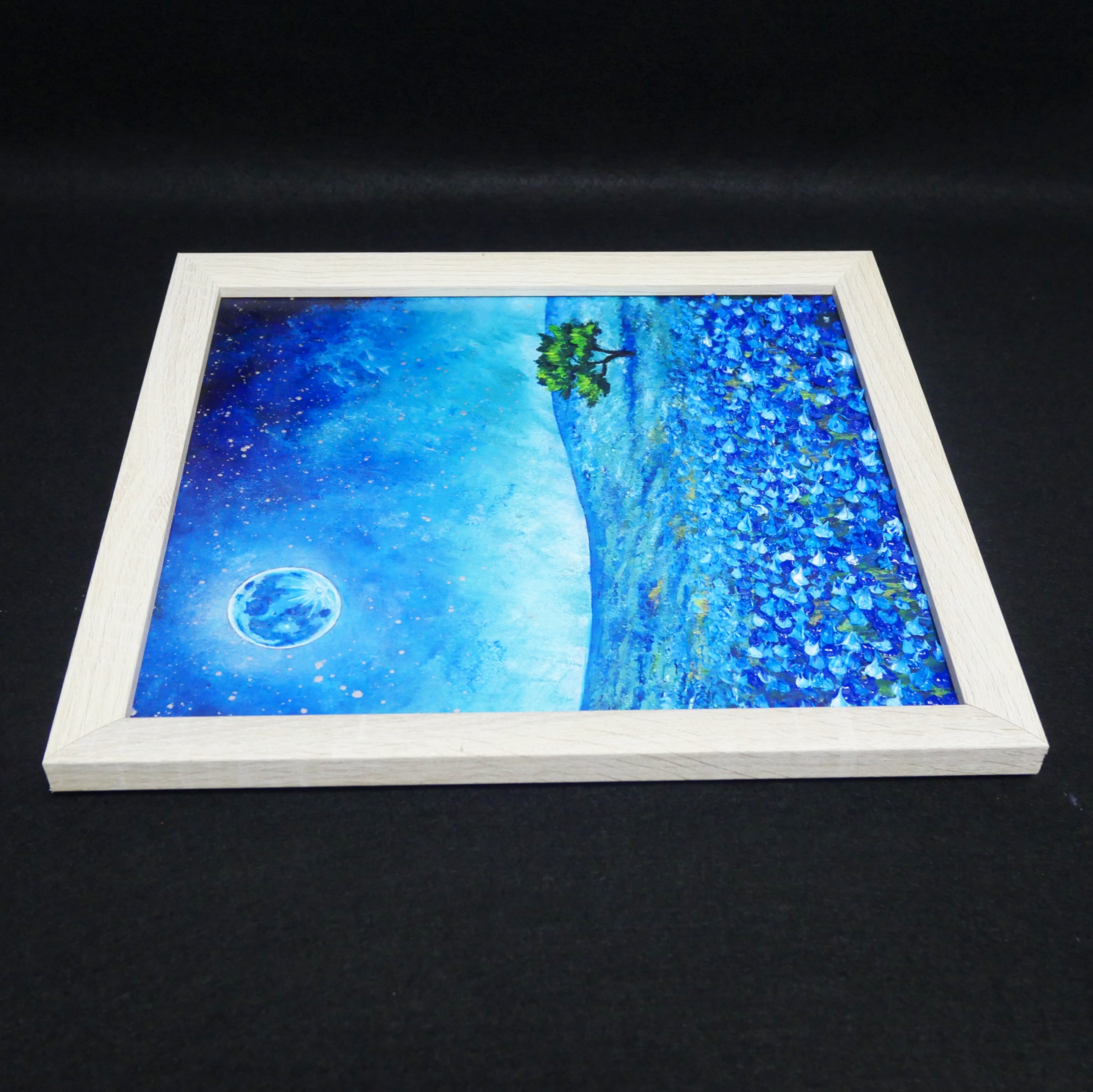 油絵 油彩 油彩画 絵 絵画 【ネモフィラと青い満月と星空】 | HIROSHI1990