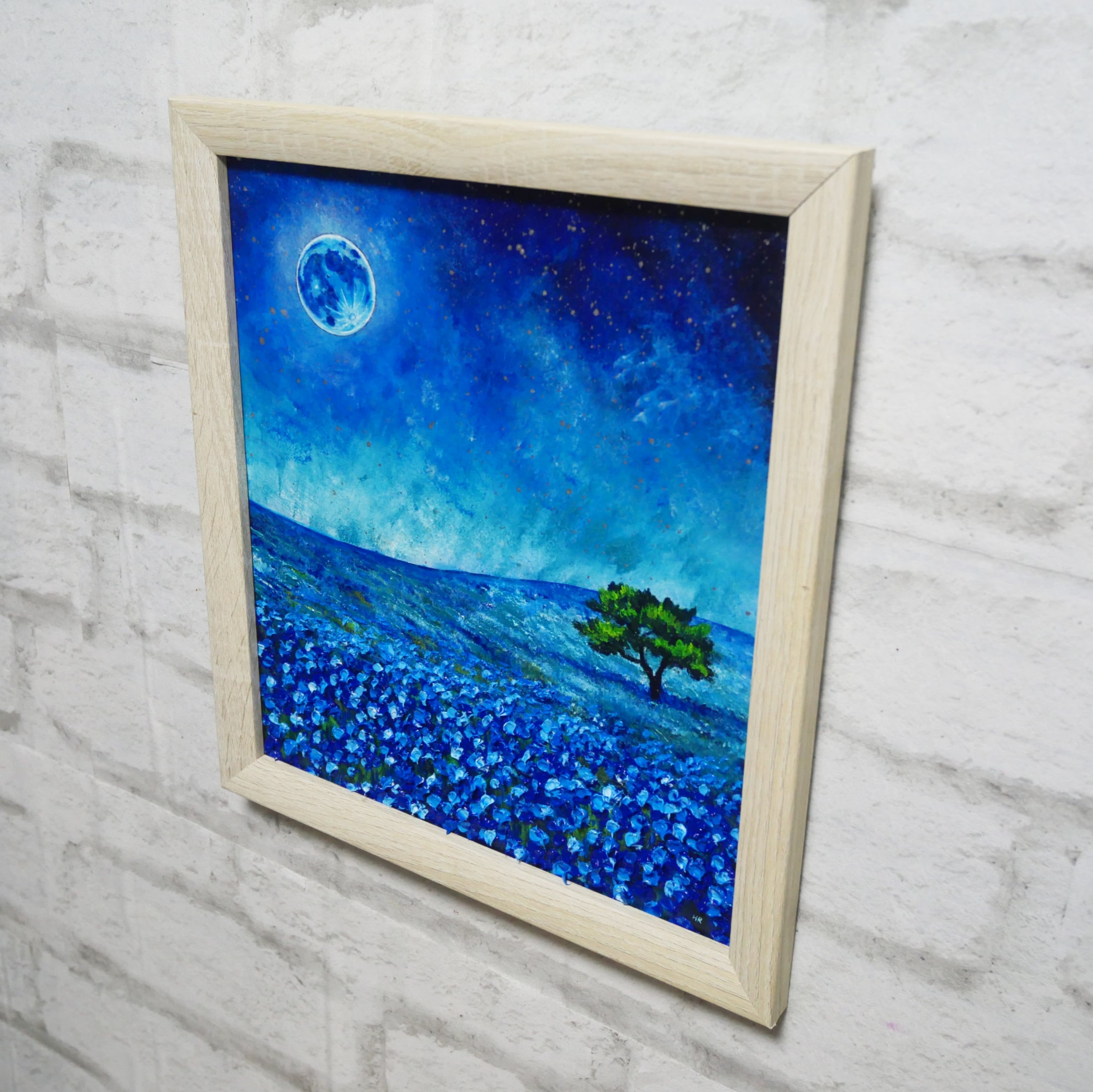 油絵 油彩 油彩画 絵 絵画 【ネモフィラと青い満月と星空】 | HIROSHI1990