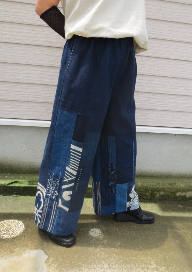 古布リメイク ワイドパンツ 藍染 刺し子 型染 時々堂オリジナル 一点物