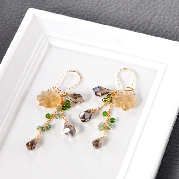 14kgf/ハニークォーツフラワーカービングxスモーキークォーツ3WAY