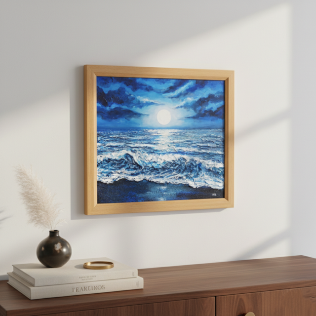 油彩画『月明かりの海』夜の静寂と波のきらめき｜原画・一点物 | iichi