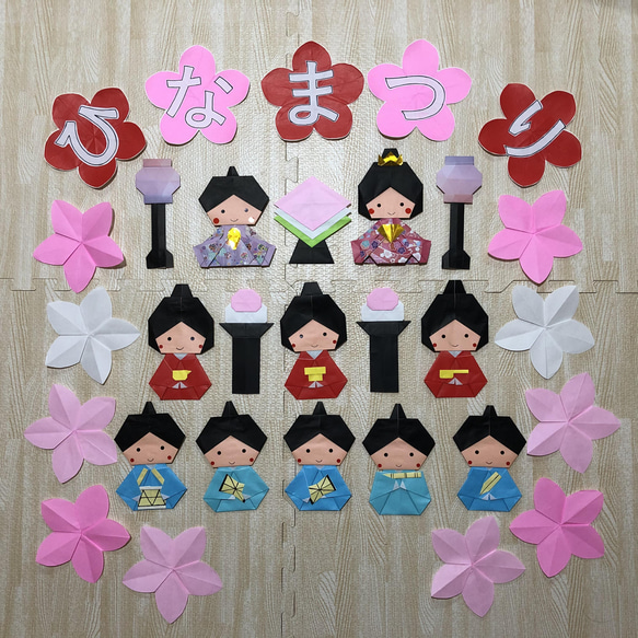 折り紙 壁面 ❁﻿ ひな祭り 3段飾り(桃の花あり)ver. その他素材 RIKAIP