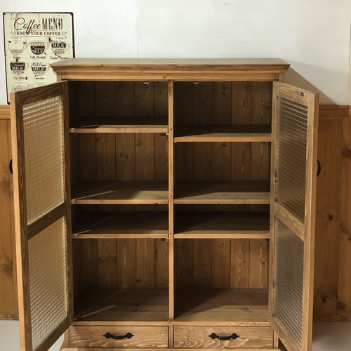 食器棚 チェッカーガラス 扉付き本棚 アンティーク家具 ガラス