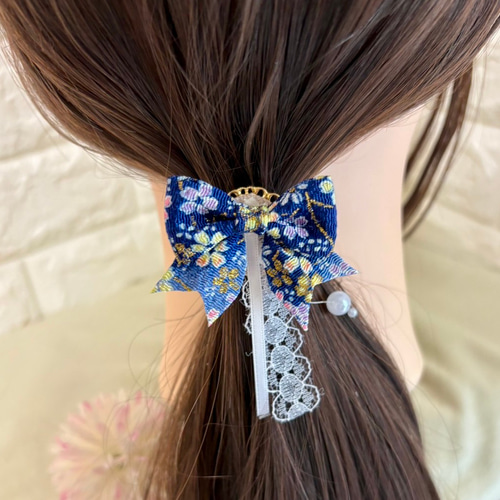 夜桜舞 | ちりめんリボンポニーフック 和柄リボンヘアカフ ヘアゴムに