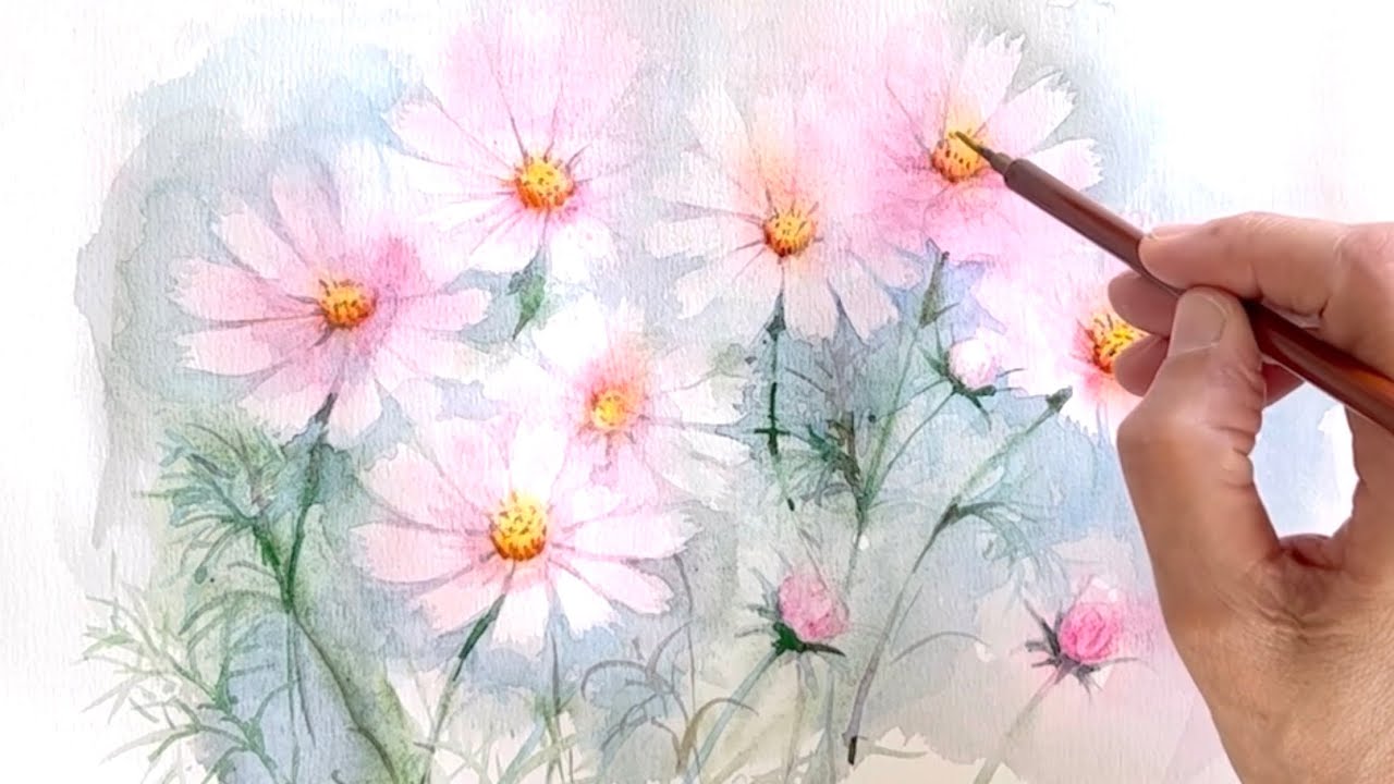 水彩画]コスモスの花を透明水彩で描く/watercolor /制作過程 - YouTube