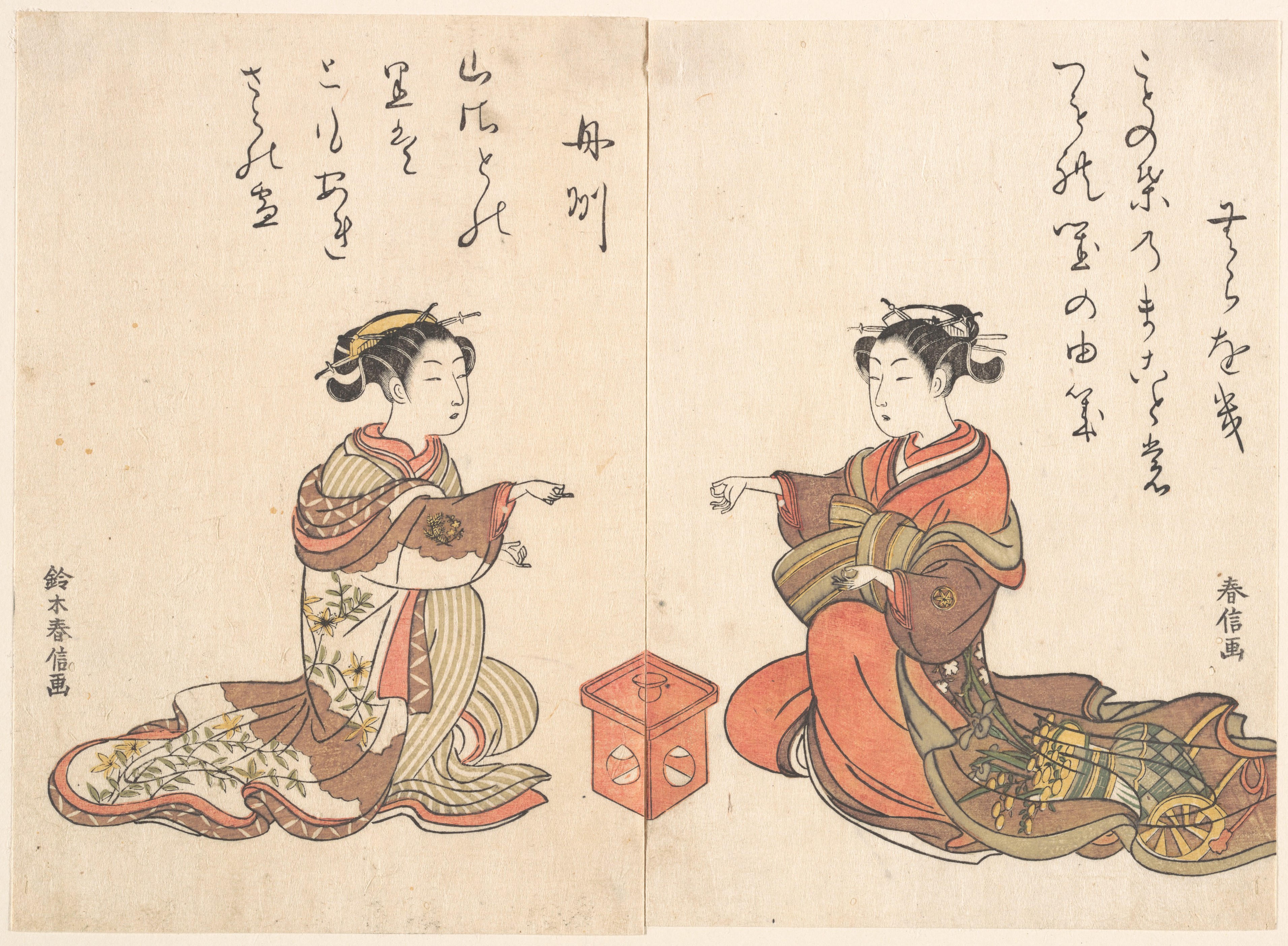 Suzuki Harunobu - Two Girls Play the Finger Game of Kitsume Ken
