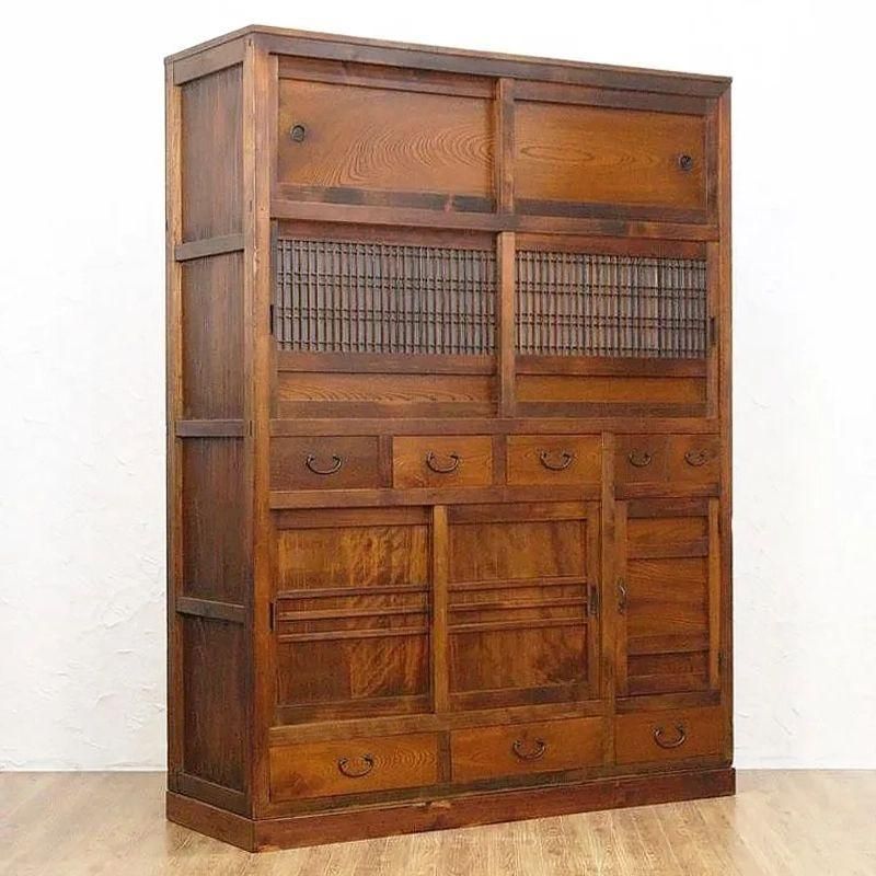 希少サイズ 四尺 格子 ダイヤガラス入り 水屋箪笥 キャビネット 食器棚