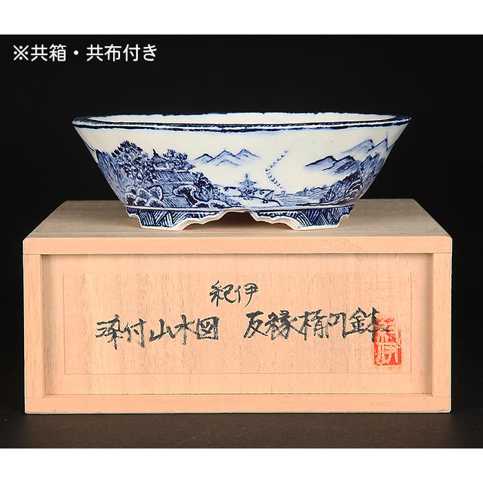 盆栽鉢 「紀伊染付山水図楕円鉢」 植木鉢 絵付鉢 作家鉢 磁器 呉須 共