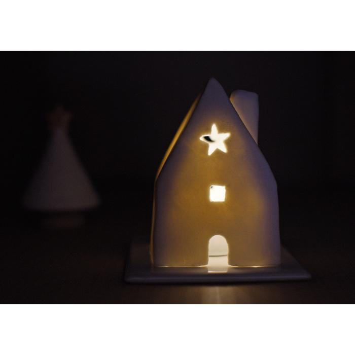 益子焼のキャンドルハウス 【おうち】 LEDライト＆台座つき わかさま