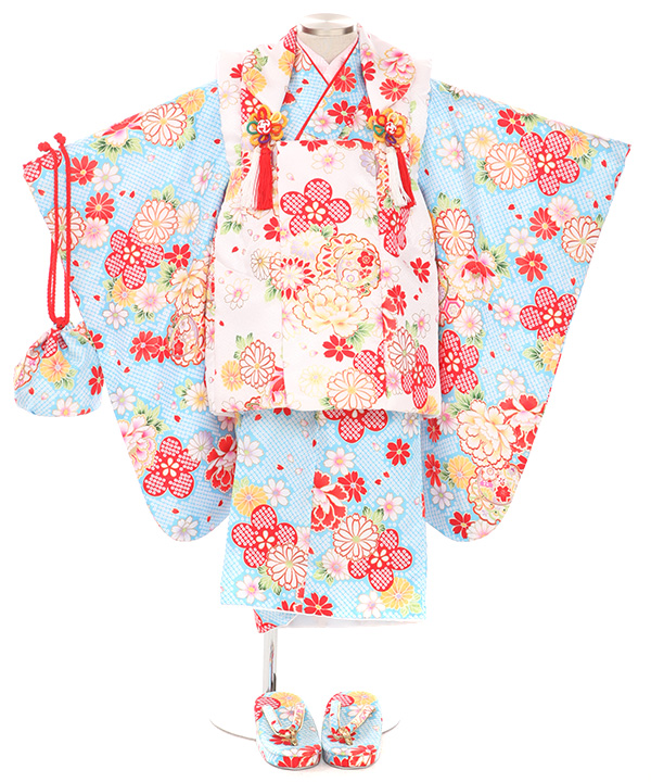 七五三(三歳女の子)着物レンタル｜牡丹梅雪輪柄水色着物×白被布｜W-G-3