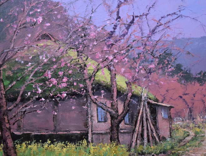 佐藤あつ子「杏の里」油絵・P15号 絵画買取・販売の小竹美術