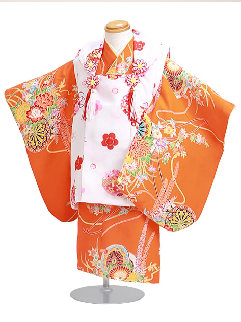 七五三 被布セット レンタル 女の子 3歳 朱色/花車〔身長：86cm,88cm