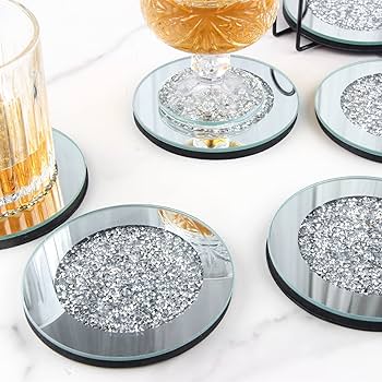 Amazon｜6ピース ガラスミラーコースターセット、4インチ ラウンド