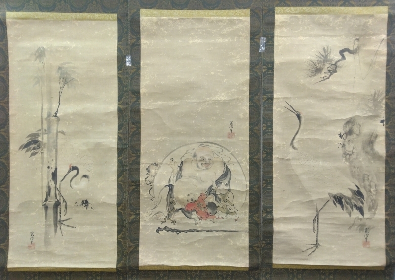 狩野融川【寛信】紙本 三幅 掛軸（鶴 布袋 唐子）|サムライオークション