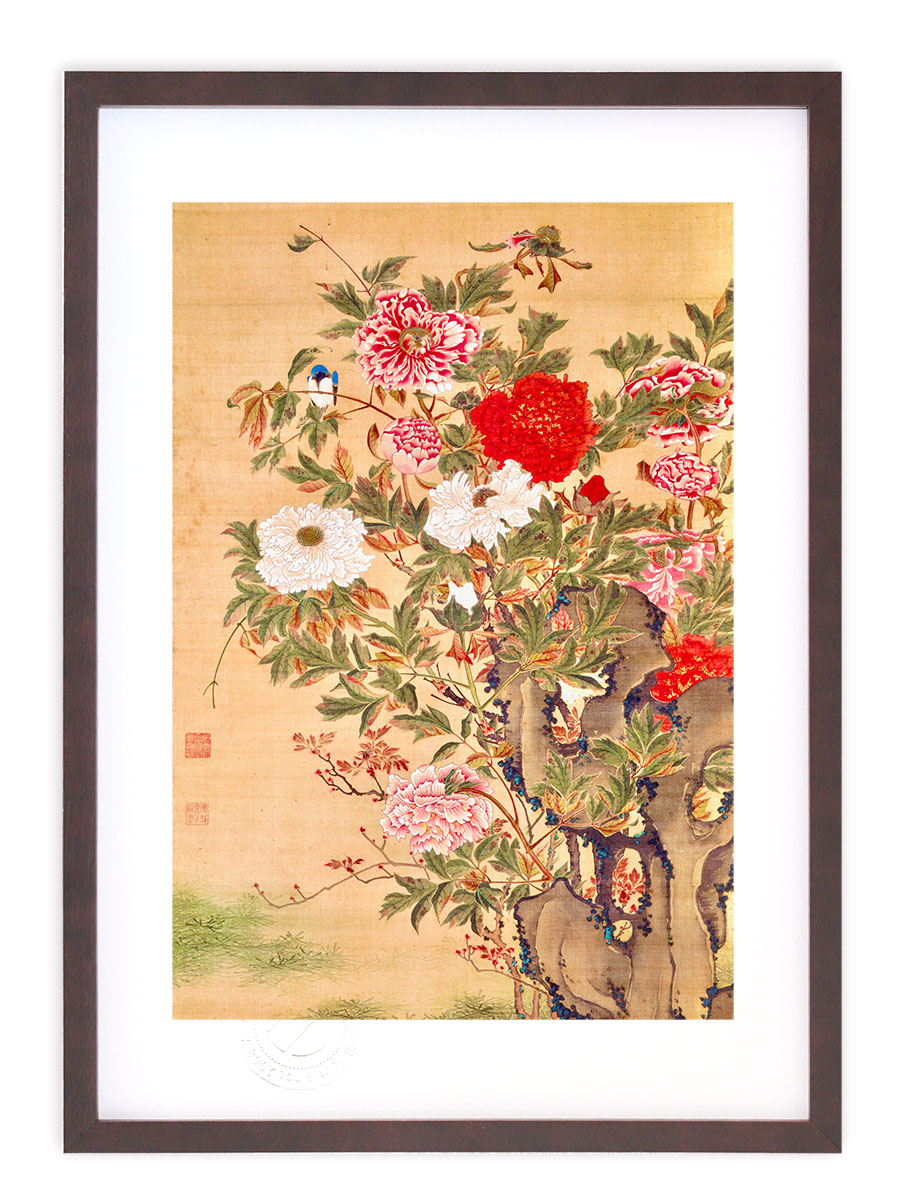 波と赤い太陽の日本画 木製フレーム付き 波と赤い太陽の日本