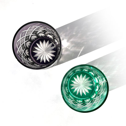 江戸切子 矢来魚子紋 オールドグラスペア 江戸紫・緑 ｜江戸切子グラス