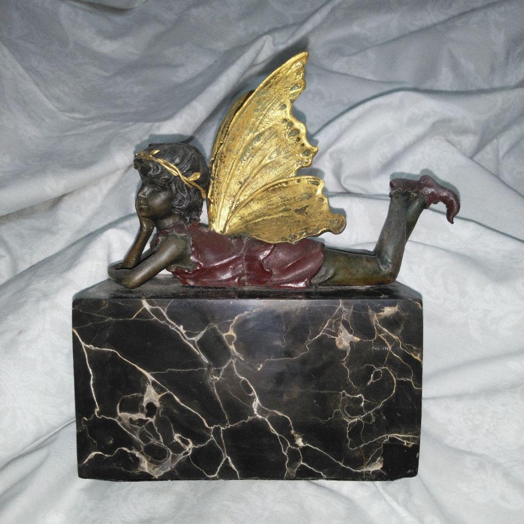 中古　ほおづえ　妖精　天使　少女像 金色の羽　大理石風の台 楽天市場】妖精のたわむれ 妖精 像 妖精 フェアリー 天使 エンジェル