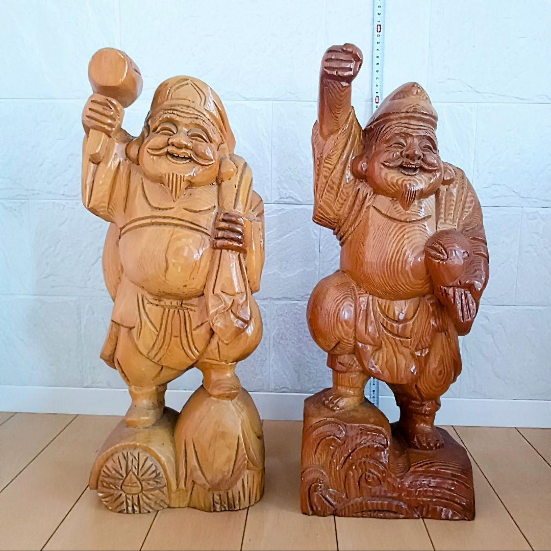 七福神 恵比寿様 大黒天様 縁起物 木彫り 木製 置物　打ち出の小槌 米俵 楽天市場】木彫り 恵比寿大黒 置物 高さ33cm 楠製 七福神 縁起物