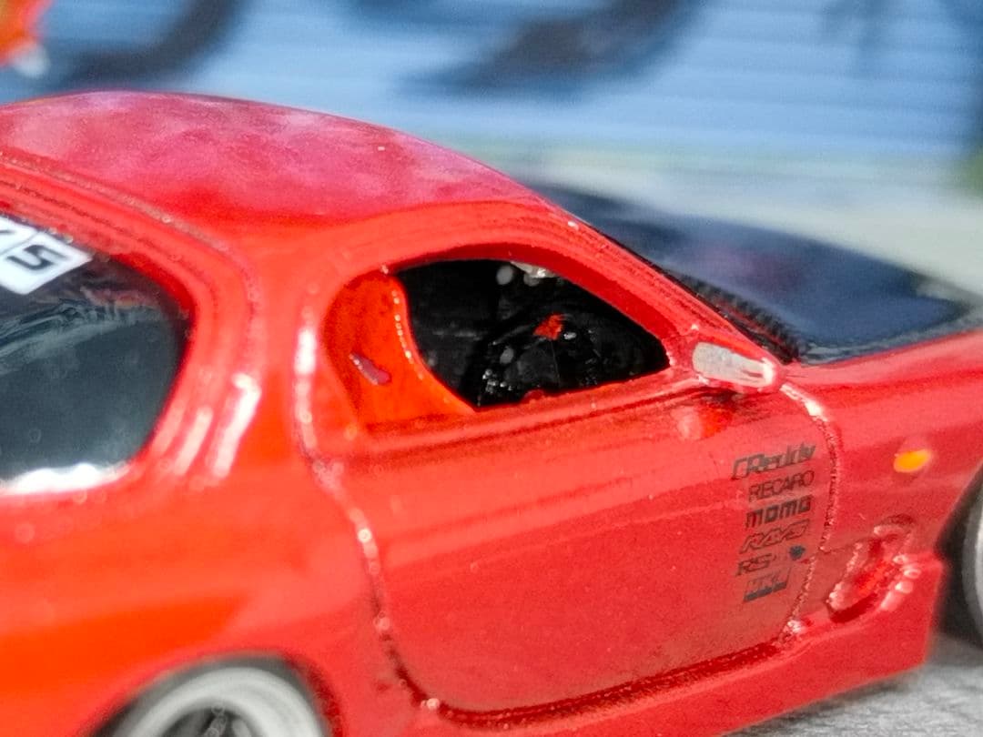 トミカ改造 マツダ RX7 ドリ車仕様 フルエアロ 赤 深リムホット
