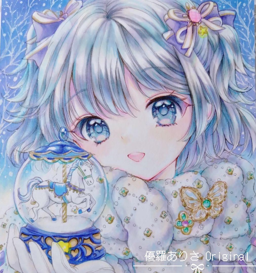 創作【思い出のスノードーム】手描きイラスト 原画 アナログイラスト A5 イラスト原画＊スノードームしろくま - HANAE'S GALLERY | minne byGMO