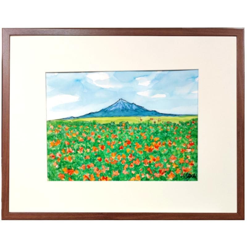 ☆ 境　肇 ☆「えぞスカシユリ咲く 利尻富士」水彩画　大衣　新品額！ ☆ 境 肇 ☆「えぞスカシユリ咲く 利尻富士」水彩画 大衣 新品額！