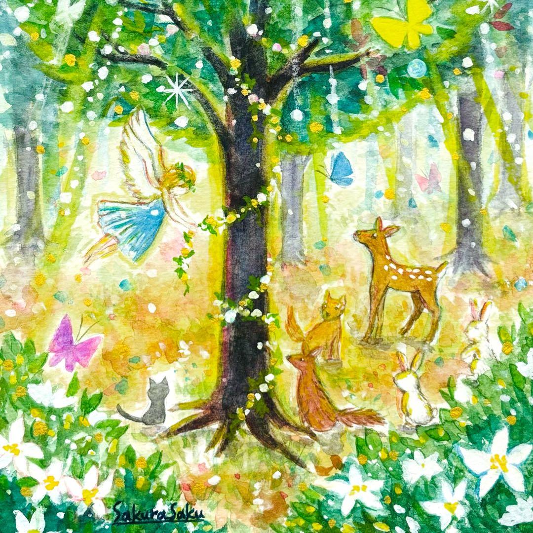 木漏れ日を浴びて】絵画 ,原画,天使,angel,光,動物,木,樹,蝶々,森