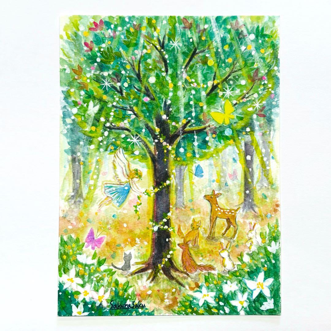 木漏れ日を浴びて】絵画 ,原画,天使,angel,光,動物,木,樹,蝶々,森