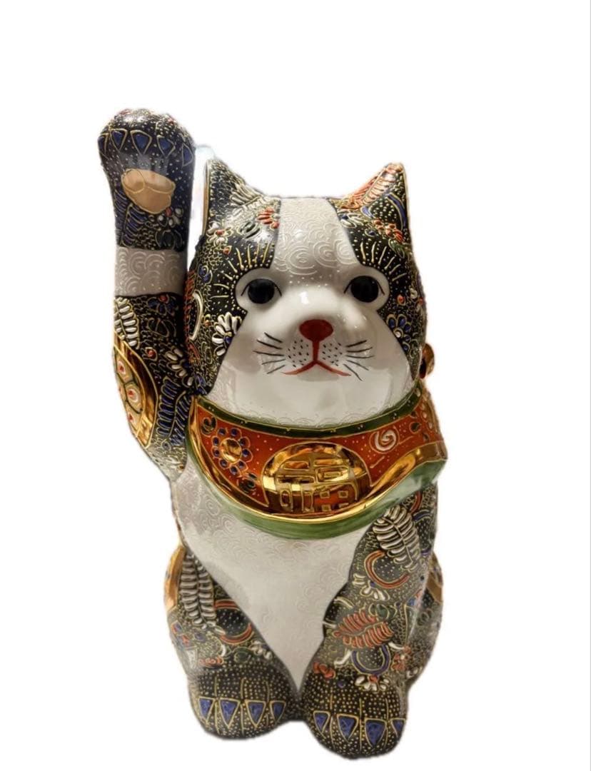 九谷焼 招き猫 陶器製 置物 高さ25cm 九谷焼 招き猫 置物 陶器 右手 小判乗り招き猫 風水 開運 商売繁盛