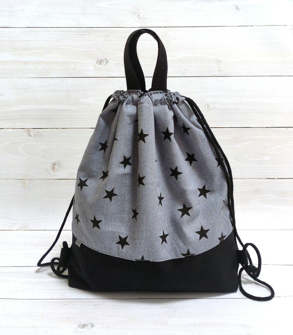 ナップサック型☆お着替え袋（グレー×黒の星） 38b9e18a2e867c165a7be48714c493