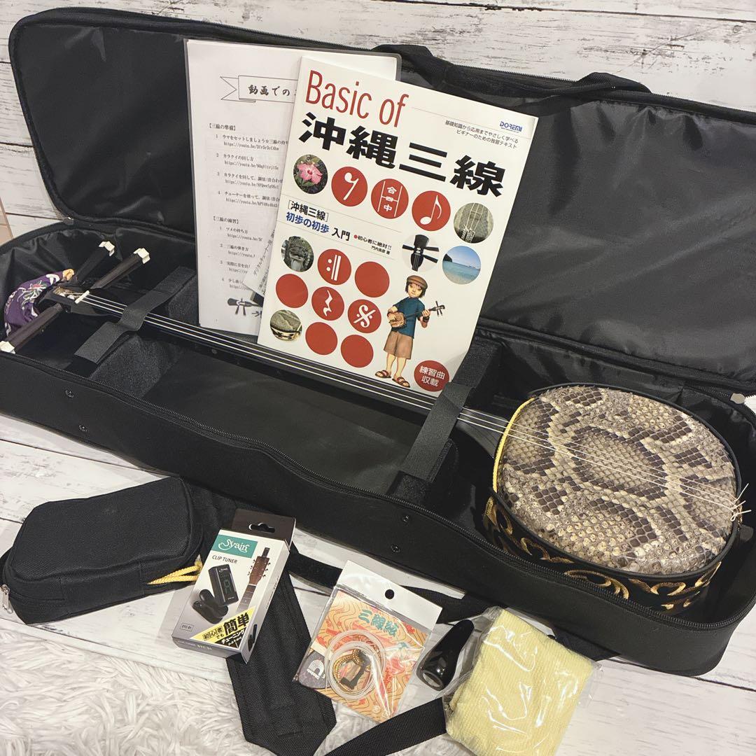 沖縄三線 本皮 蛇皮 ソフトケース付き 爪 小物あり 沖縄三線 初心者用スタンダードセット 本皮強化張り カスタマイズ