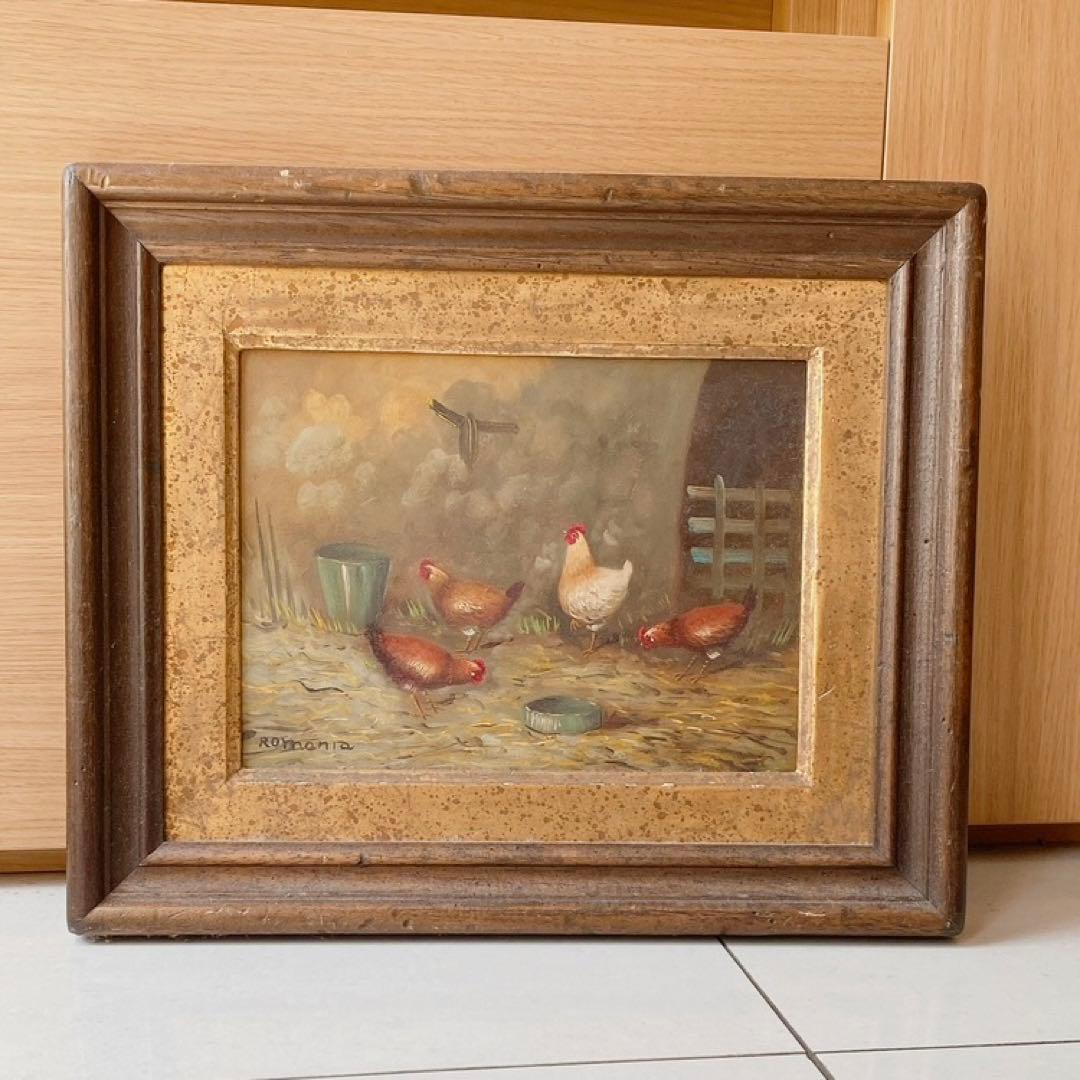 鶏の絵画 木製フレーム付き　アンティーク 鶏の絵画 木製フレーム付き アンティーク 【公式通販】