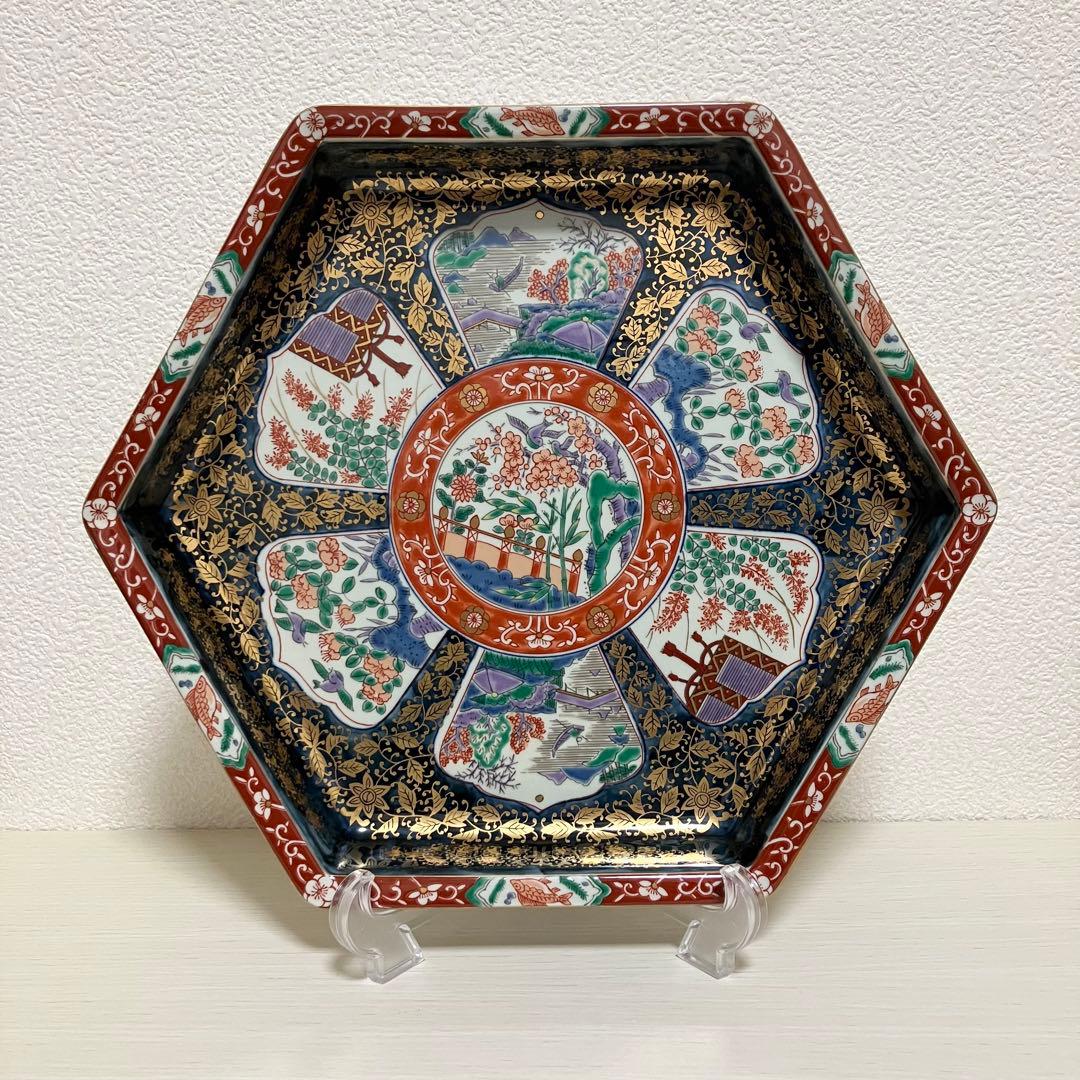 美品 林九郎窯 波佐見焼 六角盛皿 林九郎窯 古伊万里様式 赤濃木甲山水 和皿 19cm 波佐見焼 盛り皿