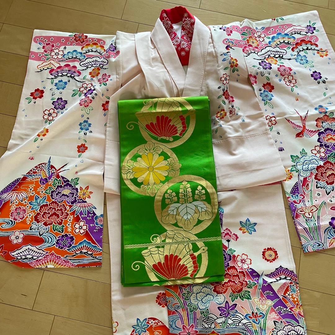紅型　七五三　7歳　正絹着物セット　四つ身　四ツ身　七歳　花鳥柄 七五三 7歳着物 レンタル フルセット 紅一点 ブランド着物 水色 紅梅に