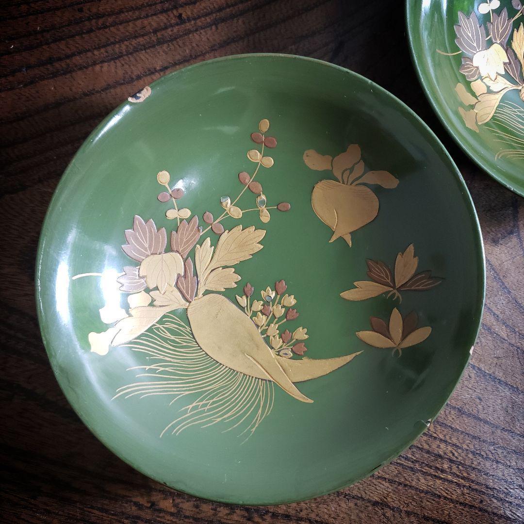 銘々皿 漆器 緑漆 青地 小皿 木製 金蒔絵 蕪 大根 なずな 明治 2枚 イ