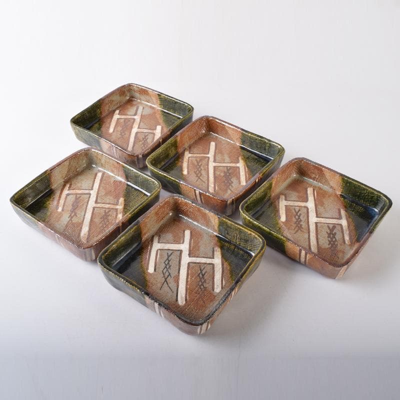 和食器 瀬戸織部 鳴海織部 加藤作助作 角向付 五客 共箱 V R8733B