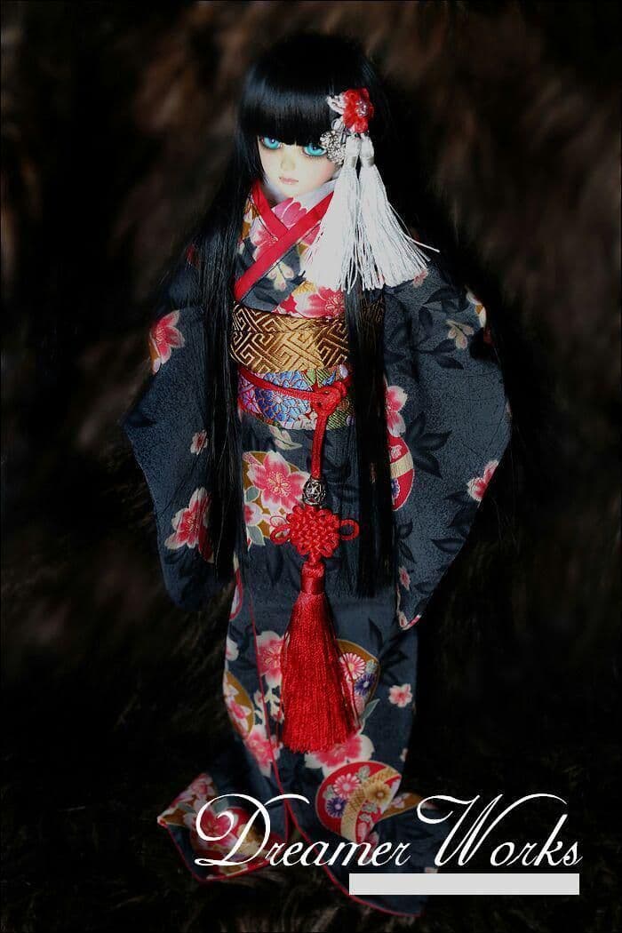 DWS8 ドール衣装 ドール用服 振袖和服 桃灰红樱球柄 1/4 最新作高級古典 サーモンピンク 桜柄/鹿の子模様 関芳 最高級金彩刺繍