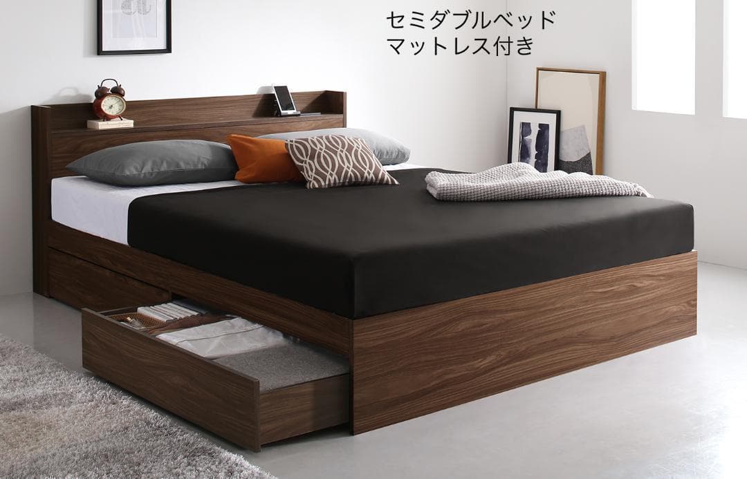 新品 送料込 セミダブルベッド 収納 棚 2口コンセント マットレス付 WB 楽天市場】収納ベッド 引き出し収納 照明 棚 コンセント付き シングル