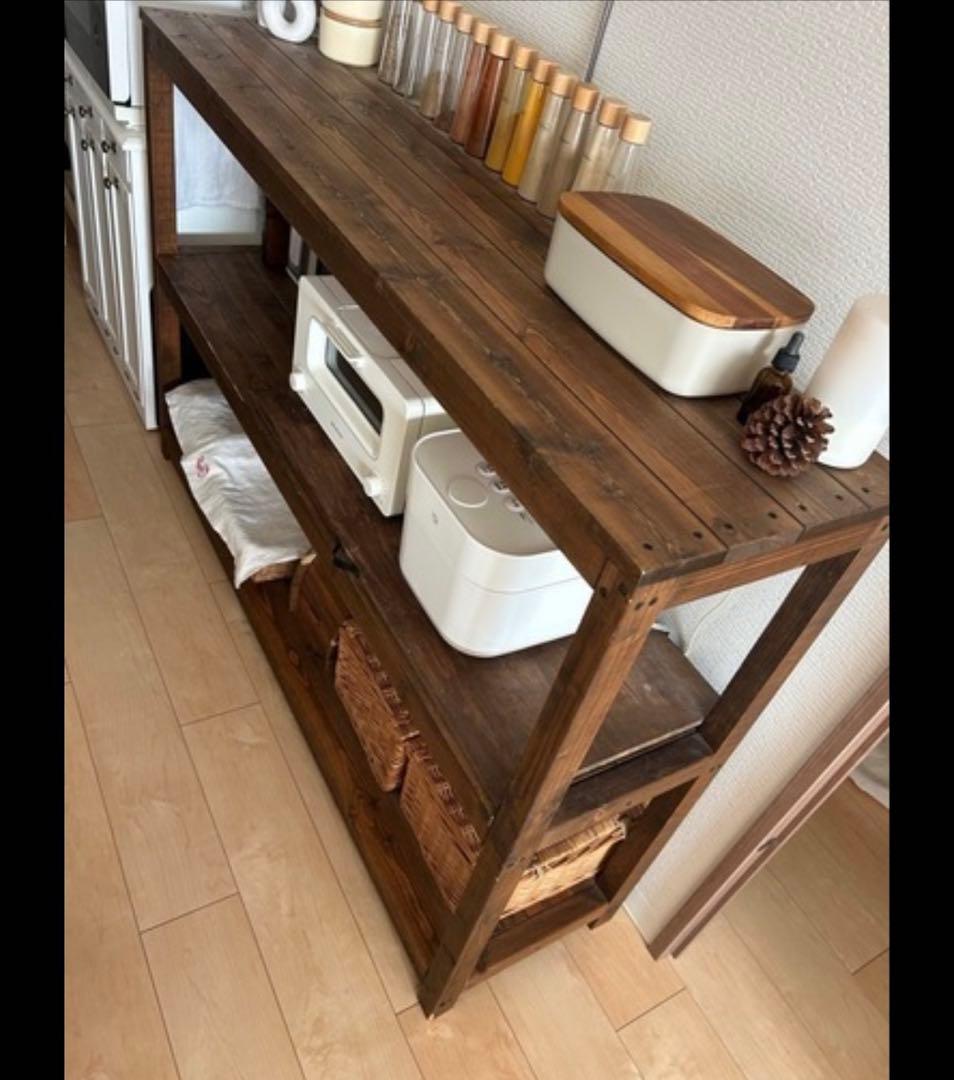 木製　キッチン収納　作家さん作品　家電収納 3段シェルフ キッチンラック 3段＋上棚付き 木製×スチール キッチン収納 レンジ台